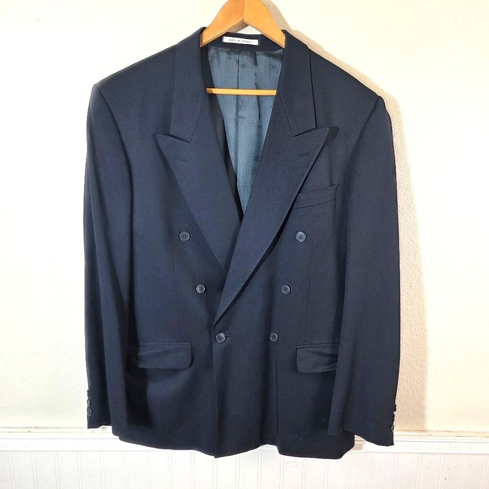 Vintage Yves Saint Laurent Blazer Mens 44 Navy Wool Double Breasted Made France